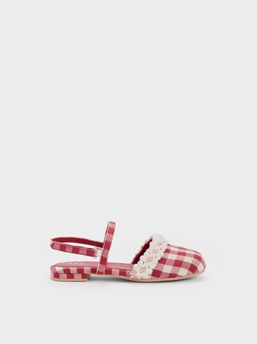 clearance sale coupon Off Girls' Floral Crochet Checkered Slingback Flats  - Red