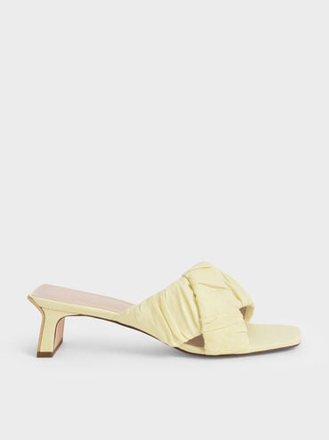 promo coupon Off Linen Asymmetric Ruched Mules  - Yellow