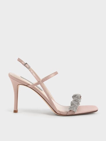 coupon Off Gem-Embellished Satin Stiletto Sandals  - Blush