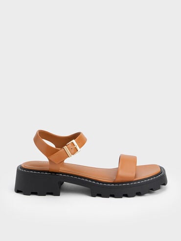 voucher code Off Stitch-Trim Buckled Sandals  - Cognac