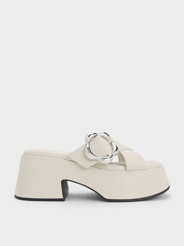 promo coupon Off Flower-Buckle Crossover Platform Mules  - Chalk