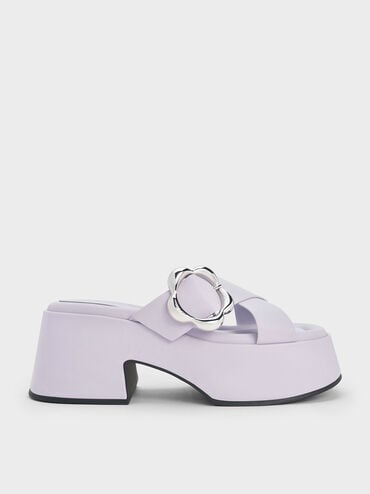 discount code Off Flower-Buckle Crossover Platform Mules  - Lilac