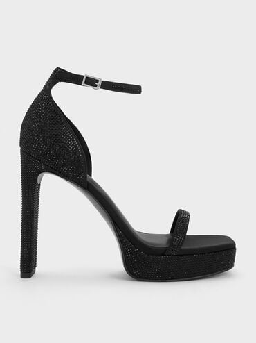 clearance sale coupon Off Crystal Ankle-Strap Platform Sandals  - Black Textured