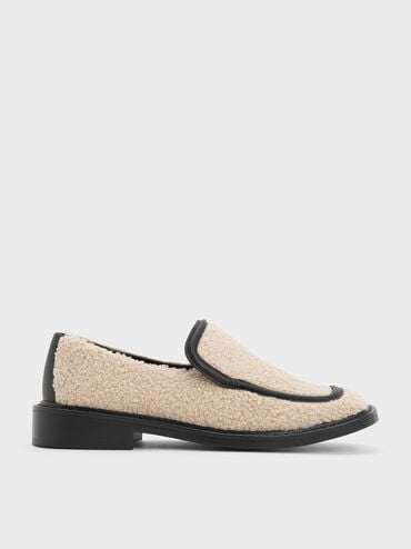 discount code Off Rosalie Furry Leather Loafers  - Beige