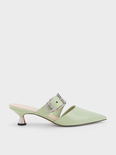 voucher code Off Asymmetric Buckle Heeled Mules  - Sage Green