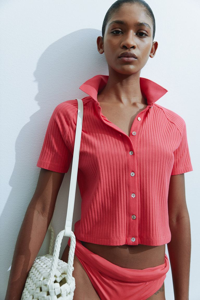 markdown code Off Ribbed button-front top