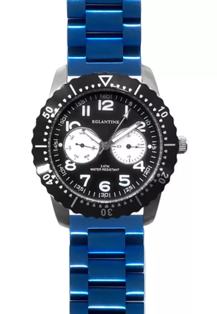 markdown code Off EGLANTINEEGLANTINE® Terrenz Unisex Steel Quartz Watch, Black Dial, IP Blue Steel Bracelet