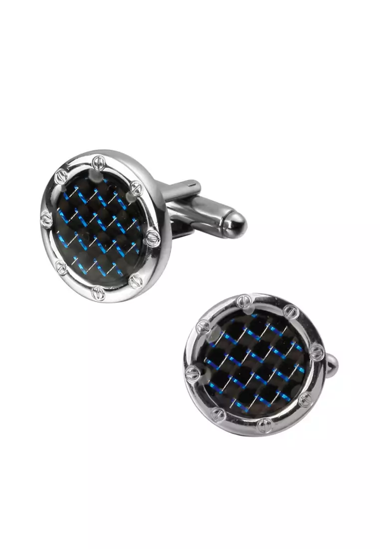 voucher Off Kings CollectionRound Blue Carbon Fiber Cufflinks (KC10082)