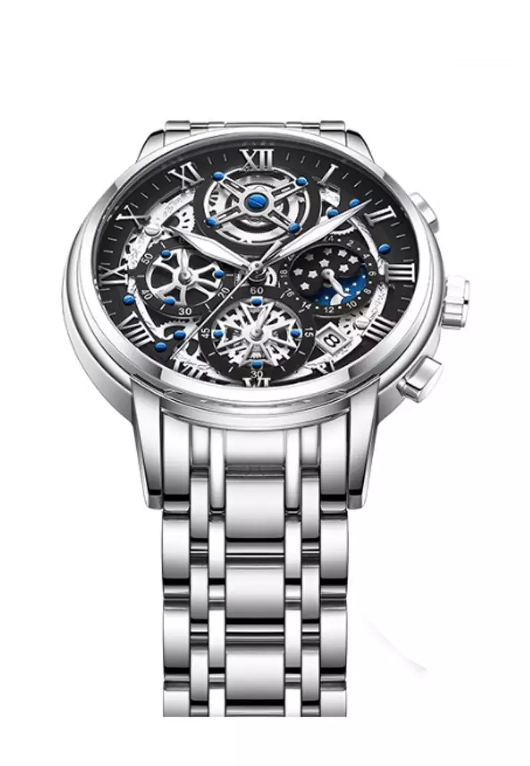 promo coupon Off LIGELIGE Skeleton Unisex Stainless Steel Chronograph Quartz watch 42mm on Steel Bracelet