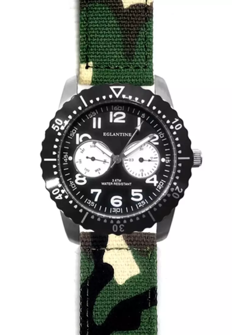 voucher Off EGLANTINEEGLANTINE® Terrenz Unisex Military Steel Quartz Watch, Black Dial, Camouflage Textile Strap