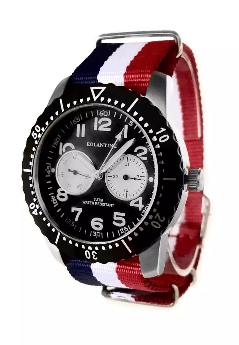 voucher Off EGLANTINEEGLANTINE® Terrenz Unisex Steel Quartz WatchBlack Dial on Blue/White/Red NATO Strap