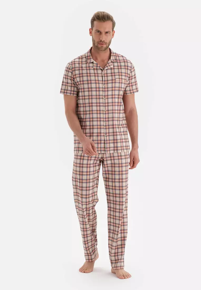 promo coupon Off DAGİGrey Shirts & Pants, Chequered, Shirt Collar, Regular, Long Leg, Short Sleeve Sleepwear for Men