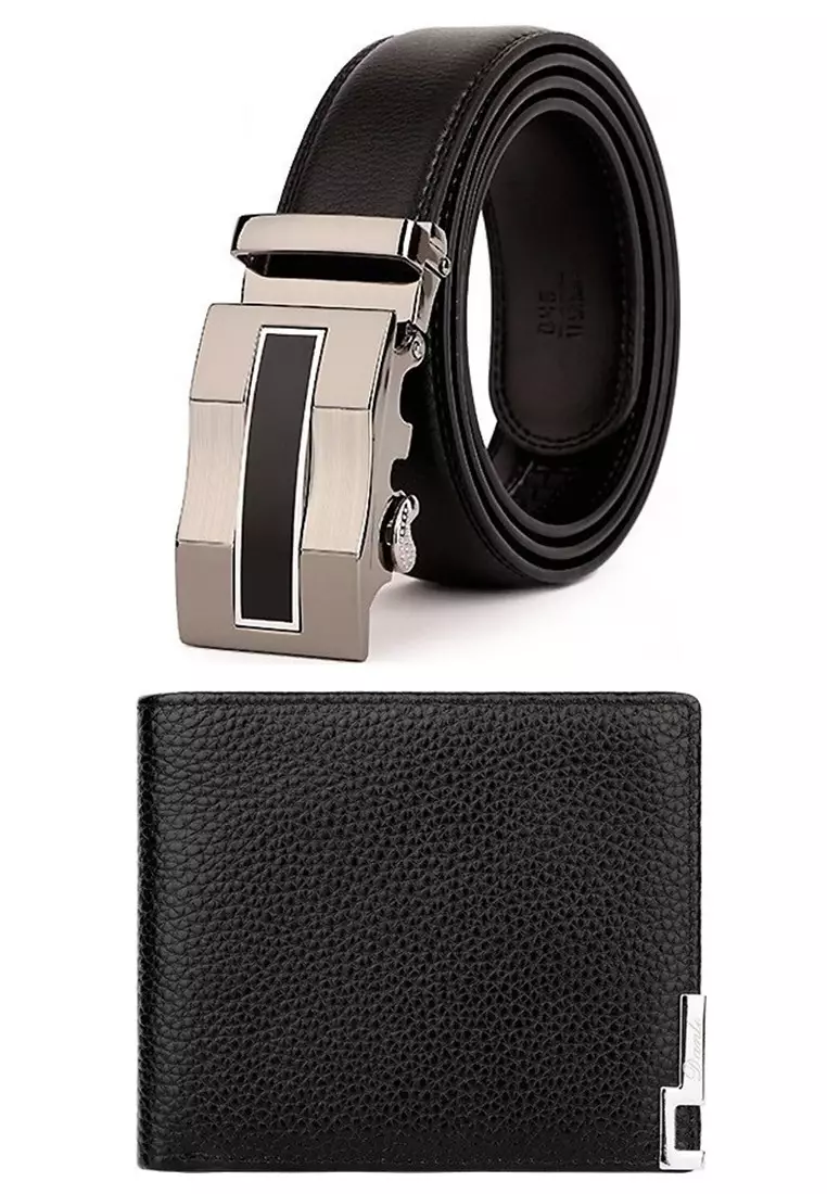 discount code Off JackboxDante Set of 2 Premium Leather Automatic Buckle Mens Belt + Wallet 881 (Black)