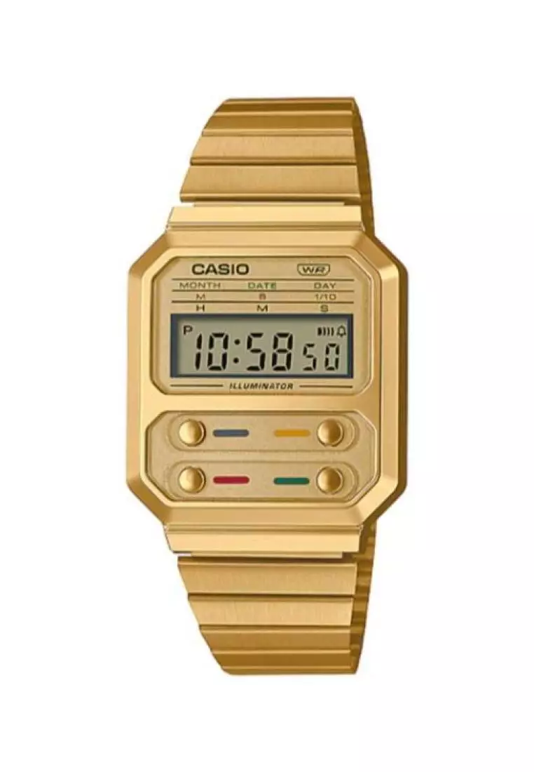 promo coupon Off CasioMens Digital Watch A100WEG-9A Gold Stainless Steel Band Sports Watch