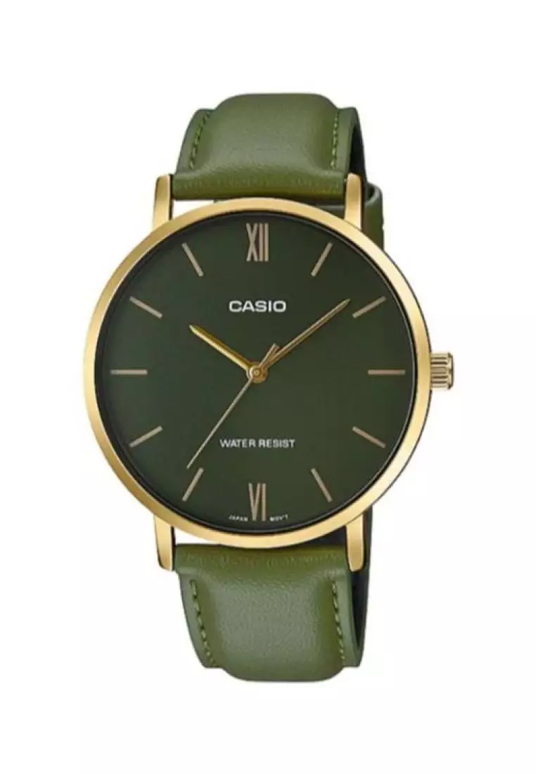 discount code Off CasioMens Analog Watch MTP-VT01GL-3B Green Leather Band Watch for Men