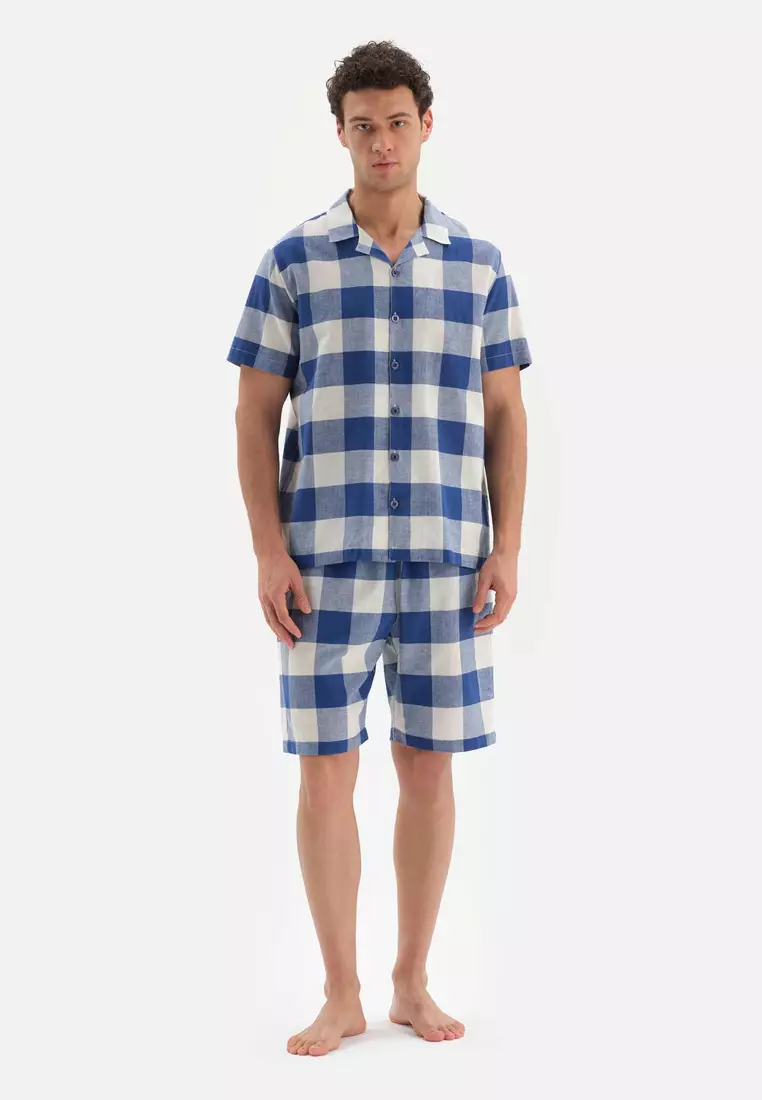 promo code Off DAGİNavy Shirt & Shorts, Chequered, Shirt Collar, Regular, Short Leg, Short Sleeve Sleepwear for Men