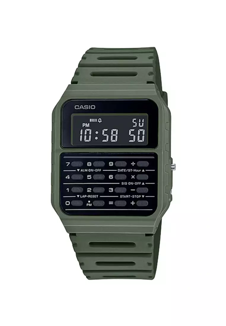 coupon Off Casio WatchesMens Data bank CA-53WF-3B Army Green Resin Band Calculator Watch