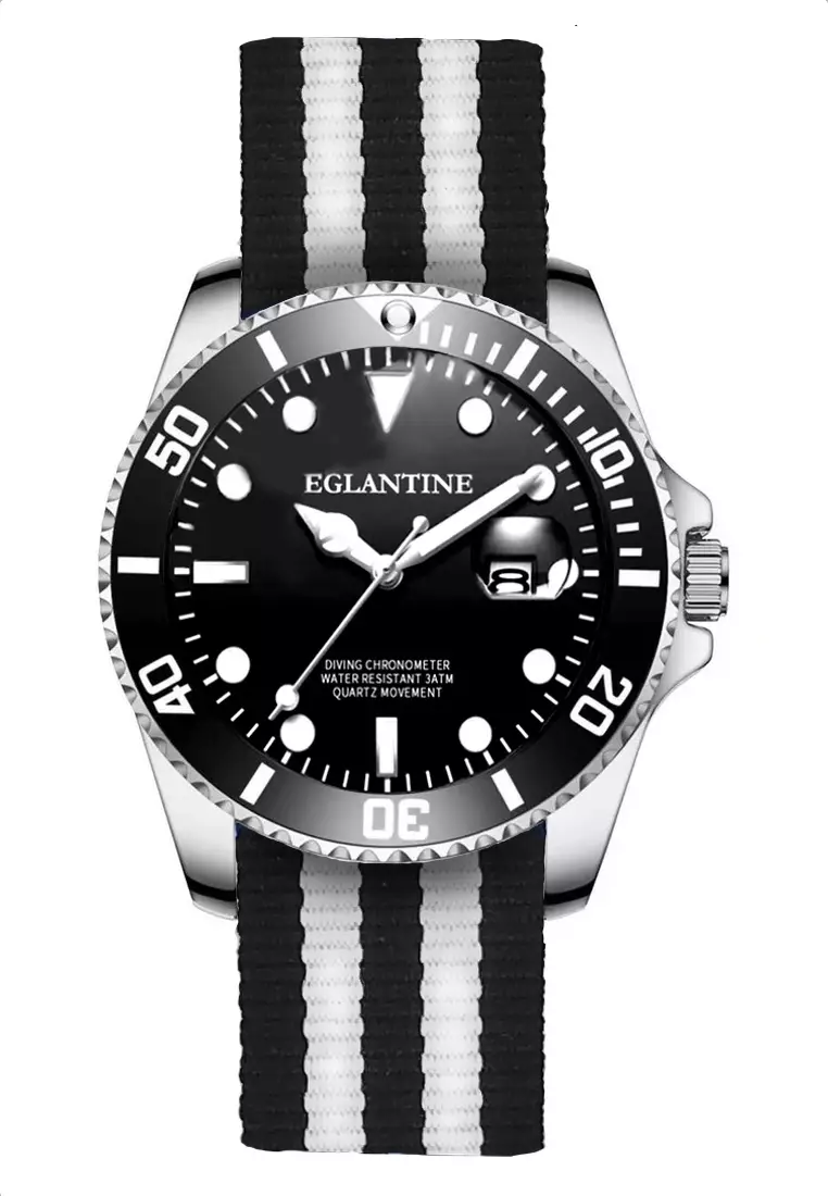 voucher Off EGLANTINEEGLANTINE® Divers Watch, Steel Case, Black Dial and Turning Bezel, Quartz Movement, Black & White NATO Strap