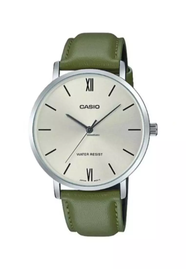 markdown code Off Casio WatchesMens Analog Watch MTP-VT01L-3B Army Green Leather Band Casual Watch