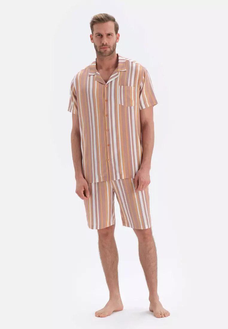 clearance sale coupon Off DAGİBrown Shirt & Shorts, Stripe, Shirt Collar, Regular, Short Leg, Short Sleeve Sleepwear for Men