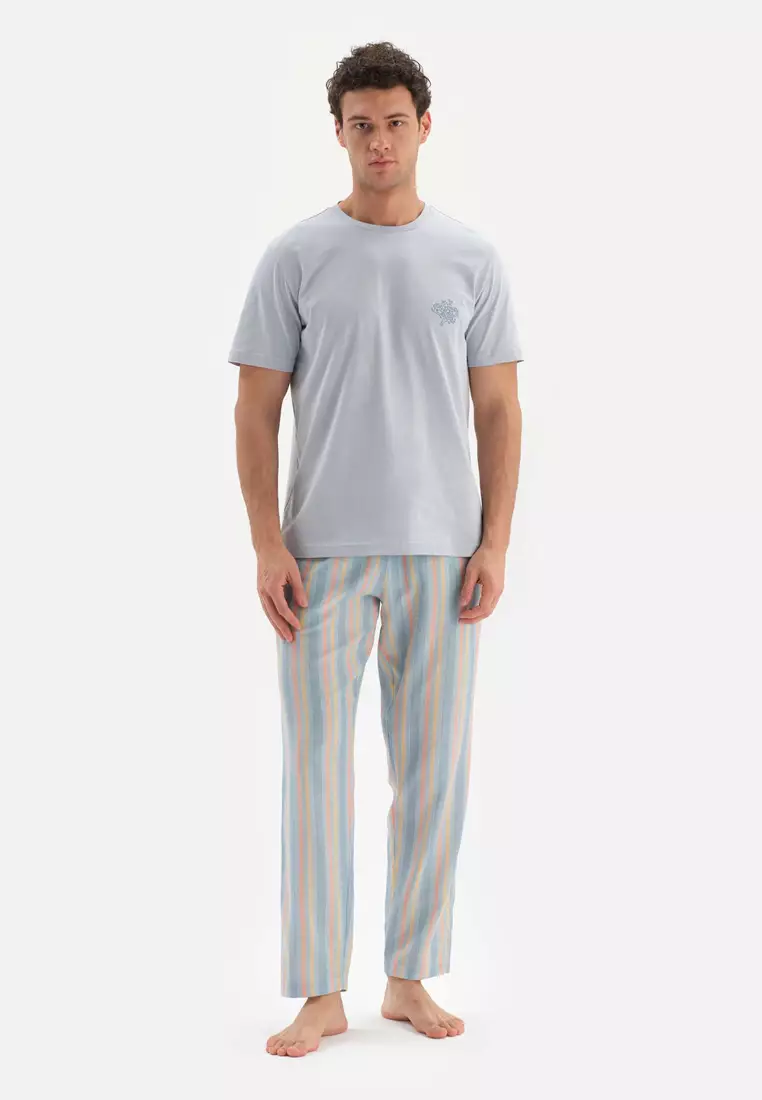 promo coupon Off DAGİLight Blue Tshirt & Pants, Coral Printed, Crew Neck, Regular, Long Leg, Short Sleeve Sleepwear for Men