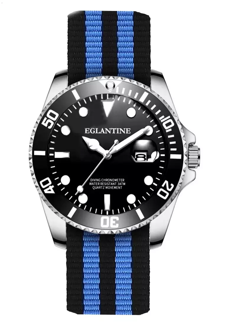 promo coupon Off EGLANTINEEGLANTINE® Divers Watch, Steel Case, Black Dial and Turning Bezel, Quartz Movement, Black & Blue NATO Strap