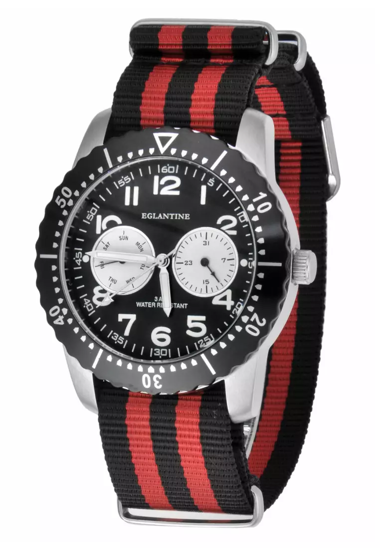 clearance sale coupon Off EGLANTINEEGLANTINE® Terrenz Unisex Steel Quartz Watch Black Dial on Black/Red NATO Strap