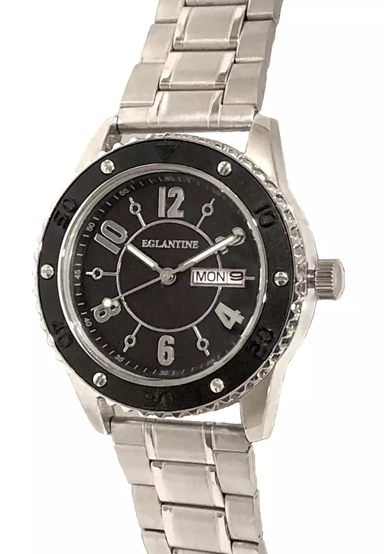 coupon code Off EGLANTINEEGLANTINE® DAY/DATE Unisex Steel Quartz Watch Black Dial on Steel Bracelet