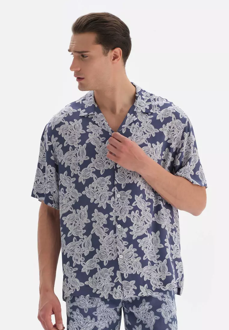 promo coupon Off DAGİIndigo Shirts, Caretta Printed, Shirt Collar, Short Sleeve Beachwear for Men