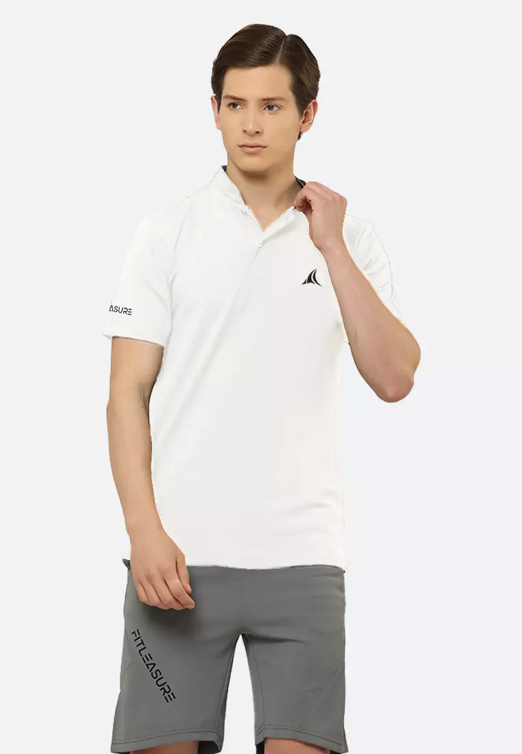 coupon Off FitleasureFitleasure White Luxe Mens Athleisure Chinese Collar Designer Tee