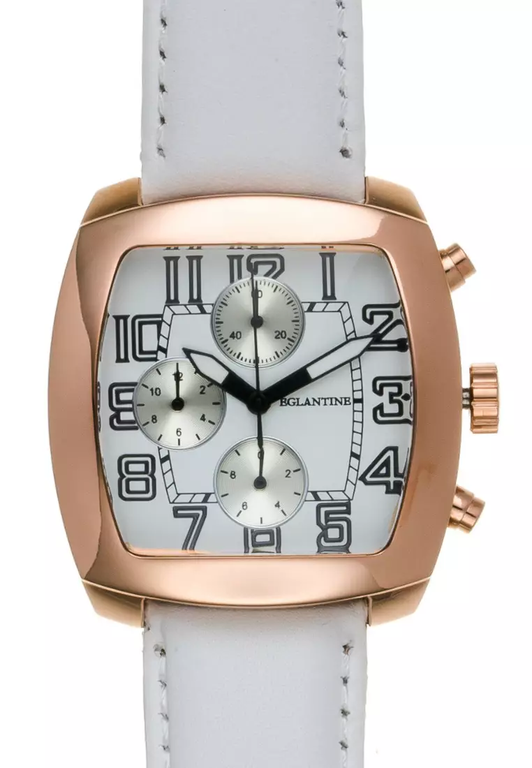 voucher Off EGLANTINEEGLANTINE® Navigo Pink Gold Plated Steel Chrono Quartz Watch on White leather strap